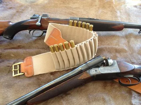 Trader Keith hand-stitched leather cartridge belt with .416 Rigby cartridges
