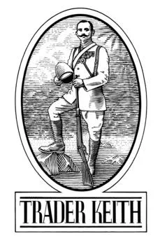 Trader Keith engraving — a hunter in safari attire framed in an oval cartouche